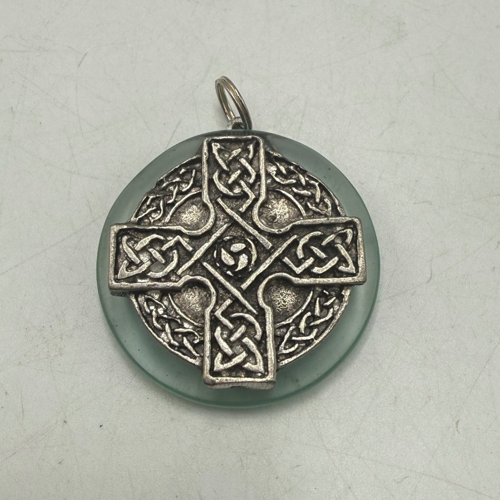 Vintage Celtic Cross Glass Disc Pendant Pewter Tone Knotwork Medallion
